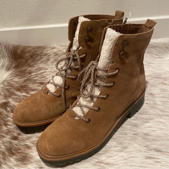 NWOB Marc Fisher Izma Boot Size 9.5 Shearling Suede Lace Up Combat Boots, Brown - Picture 5 of 13